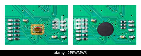 Nahaufnahme von zwei integrierten Schaltkreisen in grüner Leiterplatte. Microchip-Matrizen, die durch Drahtanschluss oder COB-Baugruppentropfen (Chip on Board) auf einer elektronischen Schaltung befestigt werden. Stockfoto