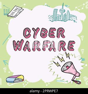 Textunterschrift für Cyber Warfare. Word für Virtual war Hacker Systemangriffe Digital Dieb Stalker wichtige Botschaften präsentiert in Frame mit Megafone, Diagramm und Skyline. Stockfoto