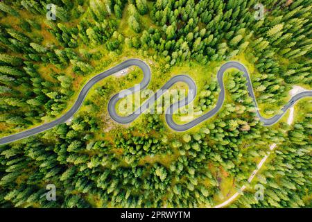 Fahrzeuge durchqueren die berühmte Snake Road, eine malerische Einfahrt inmitten der grünen Wälder des berühmten Giau Pass. Stockfoto