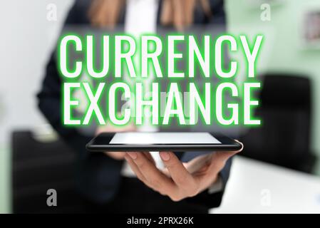 Textüberschrift zur Darstellung des Währungsumtauschprozesses beim Wechseln einer Währung in einen anderen Devisen. Konzept bedeutet Prozess des Wechsels einer Währung in einen anderen Devisen Stockfoto