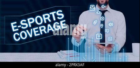 Inspiration mit dem Schild E Sports CoverageReporting live zum neuesten Sportwettbewerb Broadcasting. Konzept bedeutet Live-Berichterstattung über den neuesten Sportwettbewerb Broadcasting Stockfoto