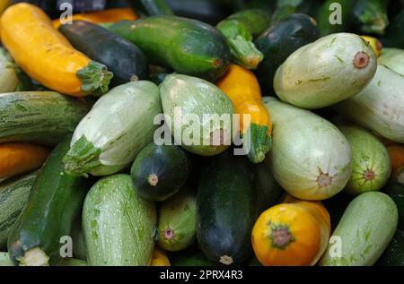 Nahaufnahme frischer Zucchini auf der Einzelhandelsausstellung Stockfoto