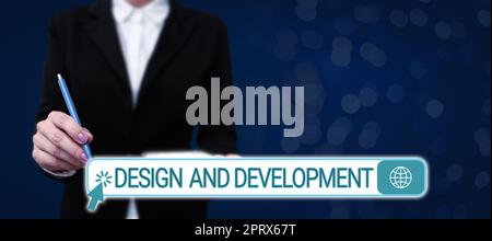 Konzeptunterschrift Design und Entwicklung, Internetkonzept zur Definition der Spezifikation von Produkten und Dienstleistungen Stockfoto
