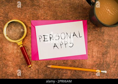 Textschild mit persönlichen Apps, Business Approach Organizer Online-Kalender Private Information Data Stockfoto