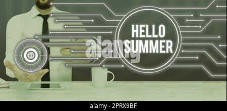 Schild mit der Anzeige „Hallo Sommer“, Geschäftskonzept Begrüßung die wärmste Jahreszeit des Jahres kommt nach dem Frühling Stockfoto