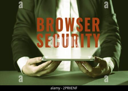 Inspiration zeigt Zeichen Browser Sicherheit, Wort für jemanden, der eine Organisation oder Business-Domain Geschäftsfrau Holding Cellphone analysiert und presen Stockfoto