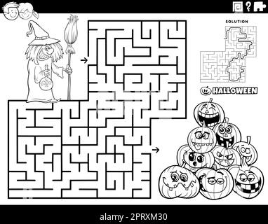 Labyrinth mit Cartoon-Hexe auf Halloween-Malseite Stock Vektor