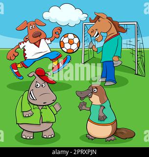 Cartoon Tier Fussball Spieler auf Fußballplatz Stock Vektor