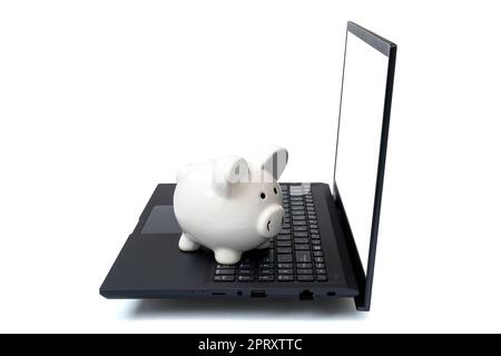 Piggy Bank mit Laptop, was bedeutet, online Geld zu verdienen oder Geschäftskonzepte im Internet zu nutzen. Seitenansicht von Notebook und Sparschwein isoliert auf weiß. Stockfoto