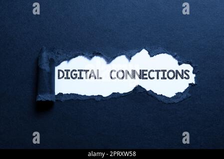 Textüberschrift mit digitalen Verbindungen, Wort, das auf einem virtuellen Netzwerk geschrieben wurde und den Benutzer mit seinen Kontakten verbindet Stockfoto