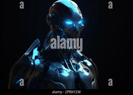 Cyborg mit blauer neutraler Beleuchtung vorn Stockfoto
