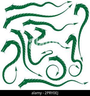 Grüner magischer Drachen-Symbolsatz isoliert auf weißem Hintergrund. Stock Vektor