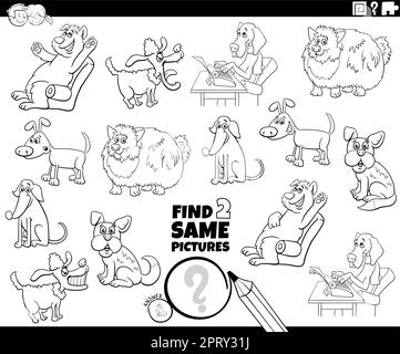 Finde zwei Spielausmalseiten für die gleichen Comic-Hundescharaktere Stock Vektor