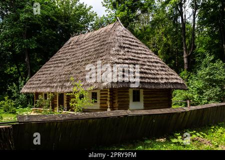 Traditionelles ukrainisches altes Haus unter einem Strohdach im Hintergrund des Waldes an einem sonnigen Sommertag. Stockfoto