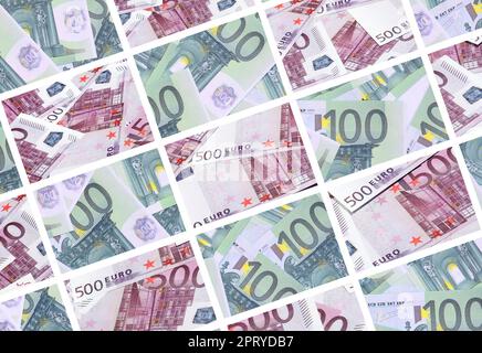 Eine Collage aus vielen Bildern von Hunderte von Dollar und Euro Rechnungen in einem Haufen Lügen Stockfoto