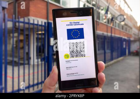 Frau, die auf dem Smartphone das digitale Covid-Zertifikat der EU mit einem grünen Pass mit vier Codes vorführt. Schulhintergrund. Stockfoto