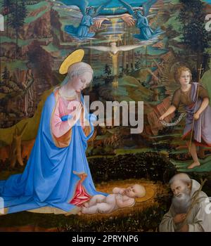 Die Anbetung des Christus Kind mit der junge St. Johannes der Täufer, St. Romuald, Engel, die Hände von Gott, dem Vater, und dem Heiligen Geist als Taube, Fili Stockfoto