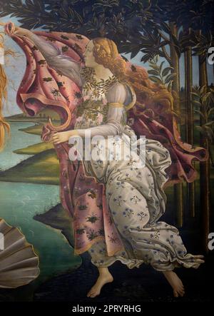 Die Hora von Frühling, Geburt der Venus, Detail, Sandro Botticelli, circa 1485, Galleria degli Uffizi, Uffizien, Florenz, Toskana, Italien Stockfoto