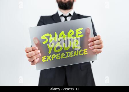 Schreiben und Anzeigen von Text Teilen Sie uns Ihre Erfahrung, Word für Erzählen Sie uns Ihre Geschichte, einschließlich Ihrer Ideen und Gefühle Stockfoto