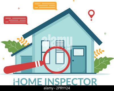 Home Inspector prüft den Zustand des Hauses und schreibt einen Bericht für Wartung Miete Suche auf Wohnung Cartoon Hand gezeichnet Vorlage Illustration Stock Vektor