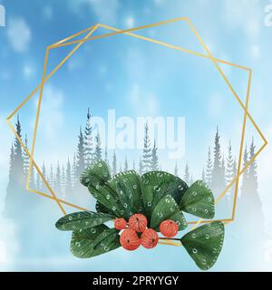 Von Hand gezogener weihnachtlicher botanischer Goldrahmen, Blätter, Blumen Stock Vektor