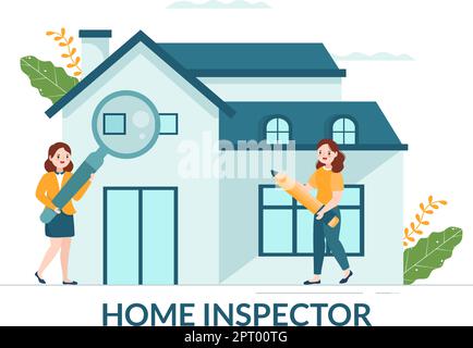 Home Inspector prüft den Zustand des Hauses und schreibt einen Bericht für Wartung Miete Suche auf Wohnung Cartoon Hand gezeichnet Vorlage Illustration Stock Vektor