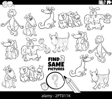 Finde zwei Seiten zum Ausmalen der gleichen Comic-Hundefiguren Stock Vektor