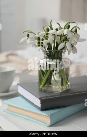 Wunderschöne Schneeflocken und Bücher auf dem Tablett im Schlafzimmer Stockfoto