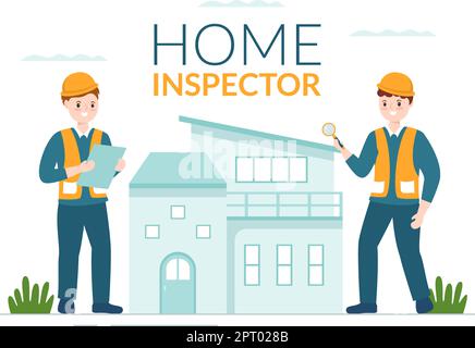 Home Inspector prüft den Zustand des Hauses und schreibt einen Bericht für Wartung Miete Suche auf Wohnung Cartoon Hand gezeichnet Vorlage Illustration Stock Vektor