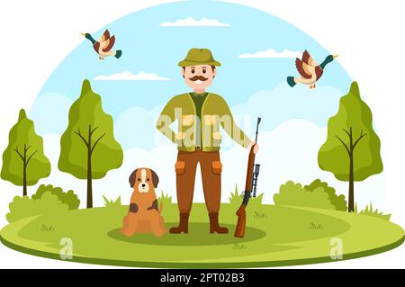 Jäger mit Jagdgewehr oder Waffe Schießen auf Vögel oder Tiere im Wald auf flache Cartoon Hand Zeichnung Vorlage Illustration Stock Vektor