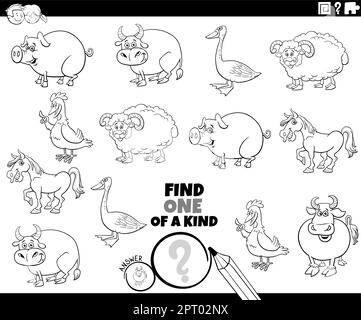 Einzigartiges Spiel mit Cartoon-Bauernhoftiere-Malseite Stock Vektor