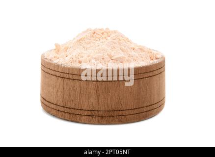 Linsenmehl in einer Holzschüssel, auf weiß isoliert Stockfoto