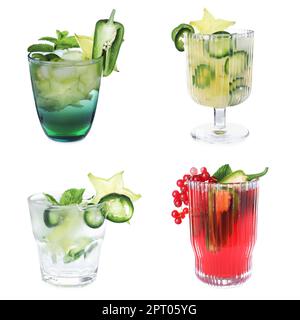 Verschiedene würzige Cocktails mit Jalapenos auf weißem Hintergrund Stockfoto