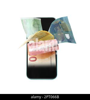 Euro-Banknoten und modernes Smartphone auf weißem Hintergrund Stockfoto