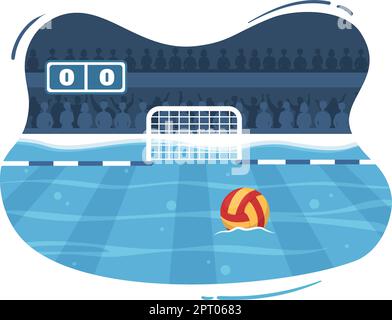 Wasserpolo-Sport-Spieler, der spielt, um den Ball auf das gegnerische Tor im Schwimmbad zu werfen, in flacher Cartoon Handgezeichnete Vorlagen Illustration Stock Vektor