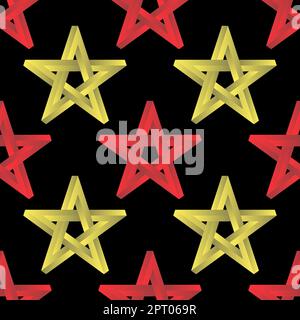 Pentagramm-Zeichen, fünf spitze Sterne, nahtloses Muster. Magisches Symbol des Glaubens. Einfache Abbildung eines gelben roten Sternsymbols. Stock Vektor