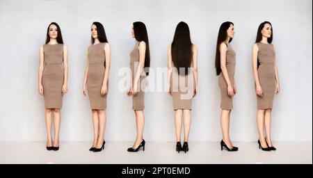 Blick von verschiedenen Seiten der schönen jungen Frau in engen Kleid, glattes Haar und High Heel Schuhe Stockfoto