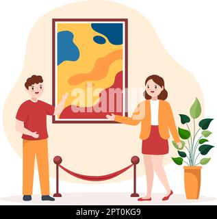 Kunstgalerie auf Museum of Exhibition Besucher sehen moderne abstrakte Gemälde auf Contemporary und Foto in flachen Cartoon Hand Vorlage Illustration Stock Vektor