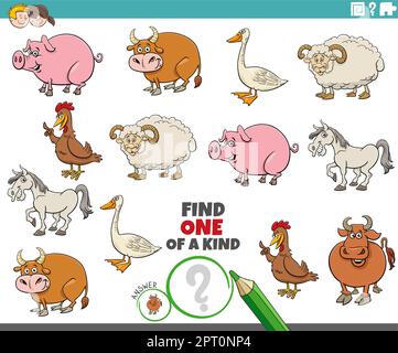 Einzigartiges Spiel mit lustigen Cartoon-Bauernhoftieren Stock Vektor