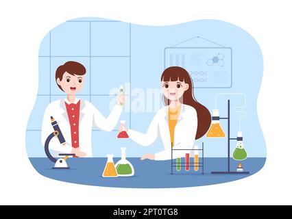 Laboratorium mit der Durchführung von Forschung wissenschaftlich, Experimentieren und Messen in einem Labor in flachen Cartoon Handgezeichnete Vorlagen Illustration Stockfoto