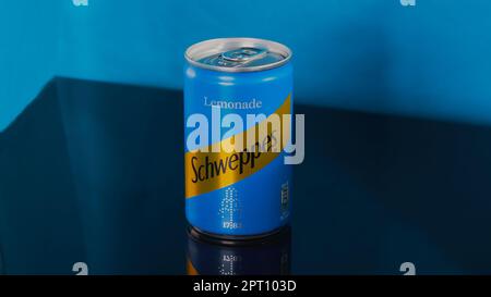 Mansfield,Nottingham,Vereinigtes Königreich:Studio-Produktbild einer Dose Schweppes Limonade. Stockfoto