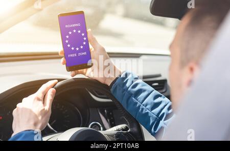 Roaming-freie Euro-Zone. SMS, telefonieren und Internet-Nutzung ohne Roaming-Gebühren in Euro-Zone. Konzept-Foto. Stockfoto
