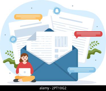 E-Mail-Service mit Zustellung von Korrespondenz, E-Mail-Nachricht und Business-Marketing in flacher, handgezogener Karikatur Illustration Stock Vektor