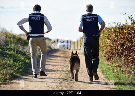 Ich starte ihre Ermittlungen. Rückansicht von zwei Polizisten und einem Polizeihund, der eine unbefestigte Straße entlang läuft Stockfoto