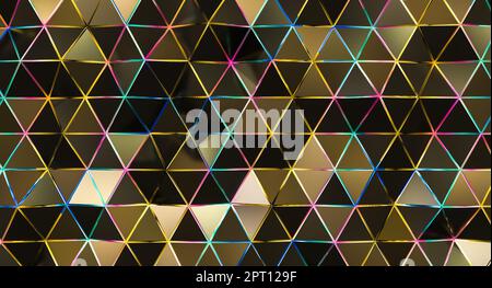 Abstrakter geometrischer Hintergrund mit goldenen Dreiecken und irisierenden Kanten. 3D Rendern Stockfoto