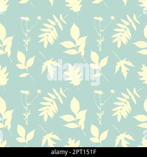 Kamille- und Laubsilhouette, Pastellfarbe, Muster. Stempel, Prägung, Herbarium, Jahrgang. Stock Vektor