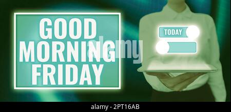 Handschriftlicher Text Guten Morgen Freitag, konzeptuelles Foto positiver und inspirierter Ausdruck über Wochenend Stockfoto