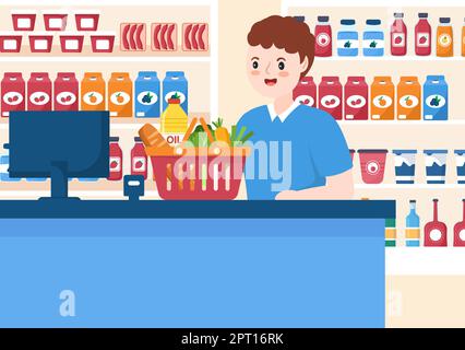 Lebensmittelgeschäft oder Supermarkt mit Lebensmittelproduktregalen, Racks Milchprodukte, Früchte und Getränke zum Einkaufen in flachen Cartoon Handgezeichnete Vorlagen Illustration Stock Vektor