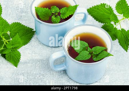 Pflanzliche Medizin, Tee mit rohen Nesselblättern. Homöopathisches Getränk im Becher Stockfoto