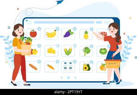 Online-Lebensmittelgeschäft oder Supermarkt, um tägliche Notwendigkeiten oder Lebensmittel über die App in Flat Cartoon Hand Drawn Templates Illustration bestellen Stock Vektor